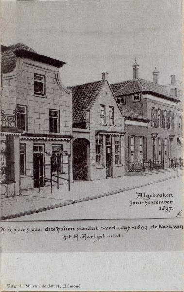 Vier panden in de Veestraat die in 1897 zijn afgebroken. Tekenaar A. Sassen.