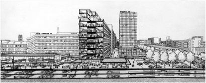 Schetsontwerp van de nieuwe ruggengraat van Eindhoven van architectenbureau Van den Broek en Bakema (1967) | Beeldcollectie RHCe