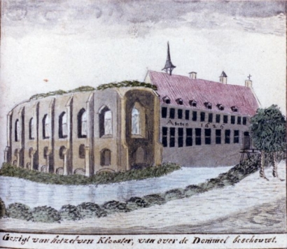 Tekening van klooster Ten Hage aan de Augustijnendreef gezien vanaf de Dommelzijde, omstreeks 1825. Beeldcollectie RHCe