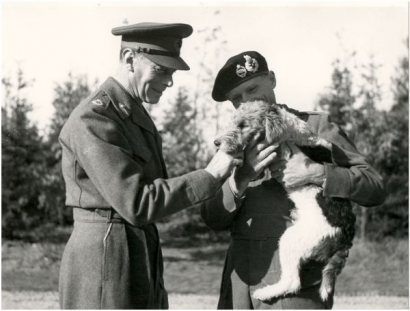 Koning George van Engeland en veldmaarschalk Montgomery met viervoeter Hitler. Beeldcollectie RHCe. 